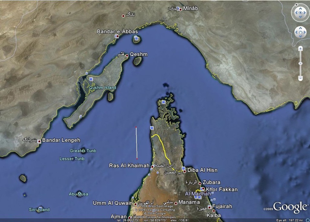 Ras al-Khaimah, in the United Arab Emirates, is close to Iranian waters. The 20nm America’s Cup windward leeward course is shown to scale. © Google Earth